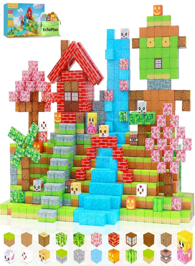 EchoPlan Magnetic Blocks, 100PCS Magnetic Building Blocks to Build a 3D World, STEM Sensory Construction Stacking Magnet Blocks Toy for Kids Ages 3+, Boys and Girls Christmas Birthday Gifts - Image 1